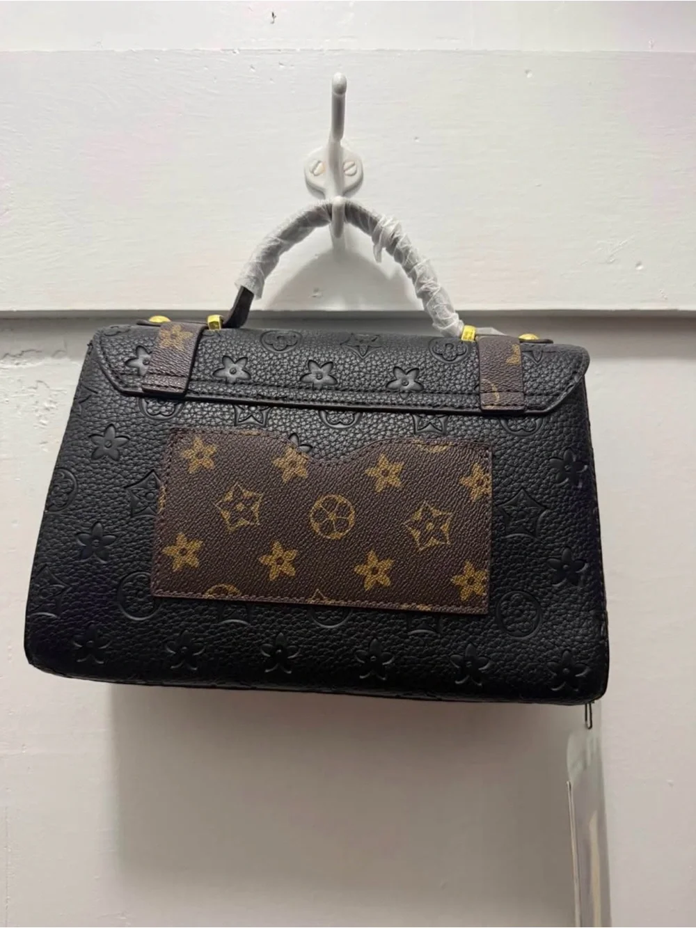 Black Embossed Top-Handle Shoulder Bag